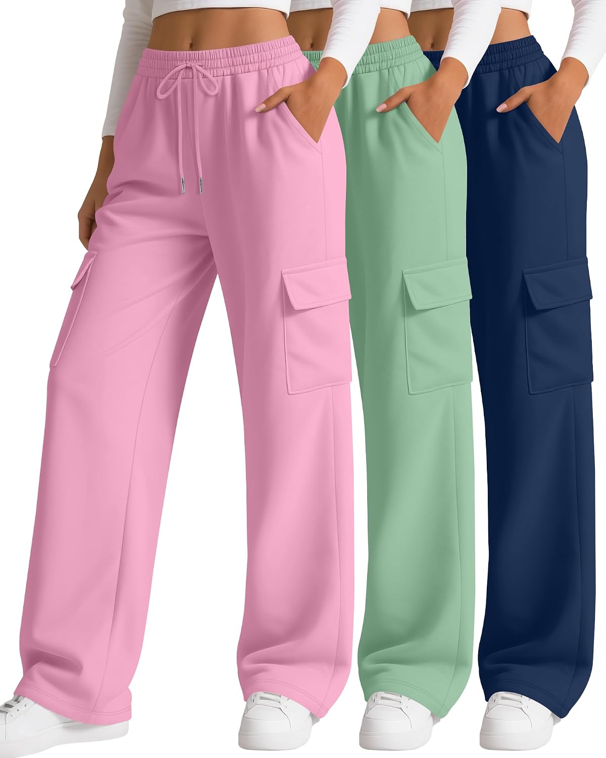 3 Pack Women's Cargo Sweatpants Wide Leg Baggy Loose Elastic Drawstring Pants Casual Athletic Joggers with 4 Pockets
