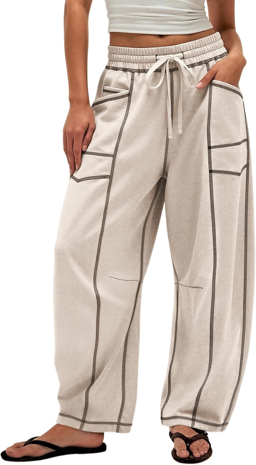 Womens Baggy Barrel Sweatpants Wide Leg Drawstring Lounge Sweat Pants with Pockets