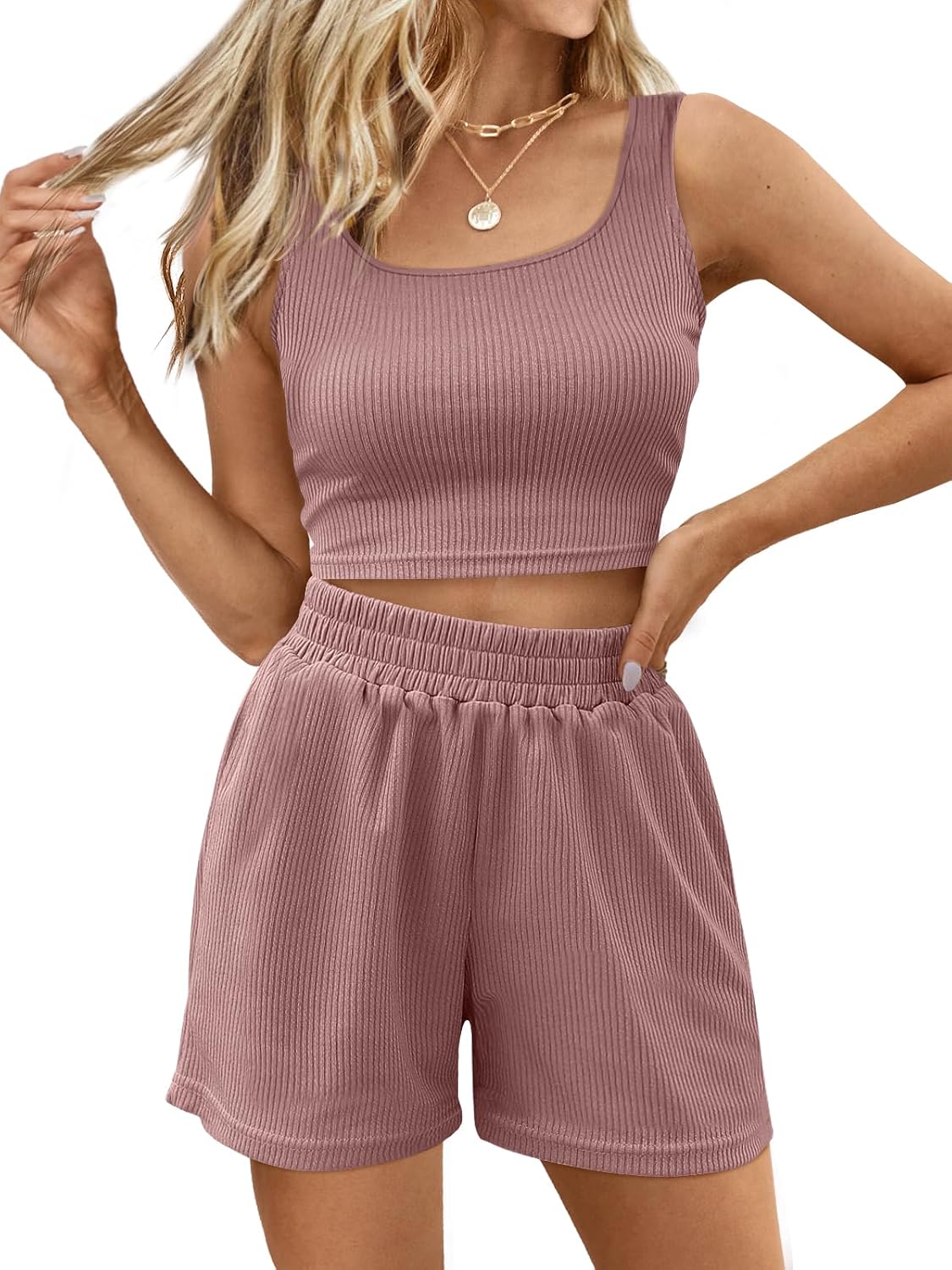 Two Piece Summer Outfits 2 Piece Sets 2026 Sleeveless Matching Lounge Crop Top High Waisted Short
