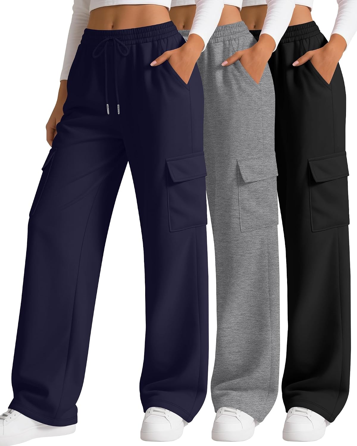 3 Pack Women's Cargo Sweatpants Wide Leg Baggy Loose Elastic Drawstring Pants Casual Athletic Joggers with 4 Pockets
