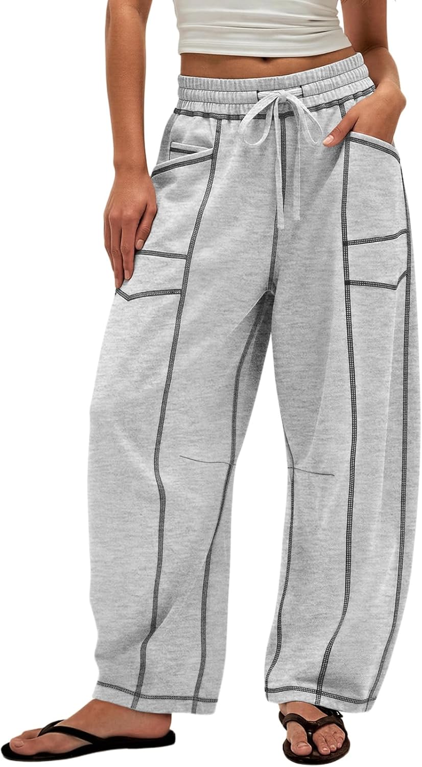 Womens Baggy Barrel Sweatpants Wide Leg Drawstring Lounge Sweat Pants with Pockets
