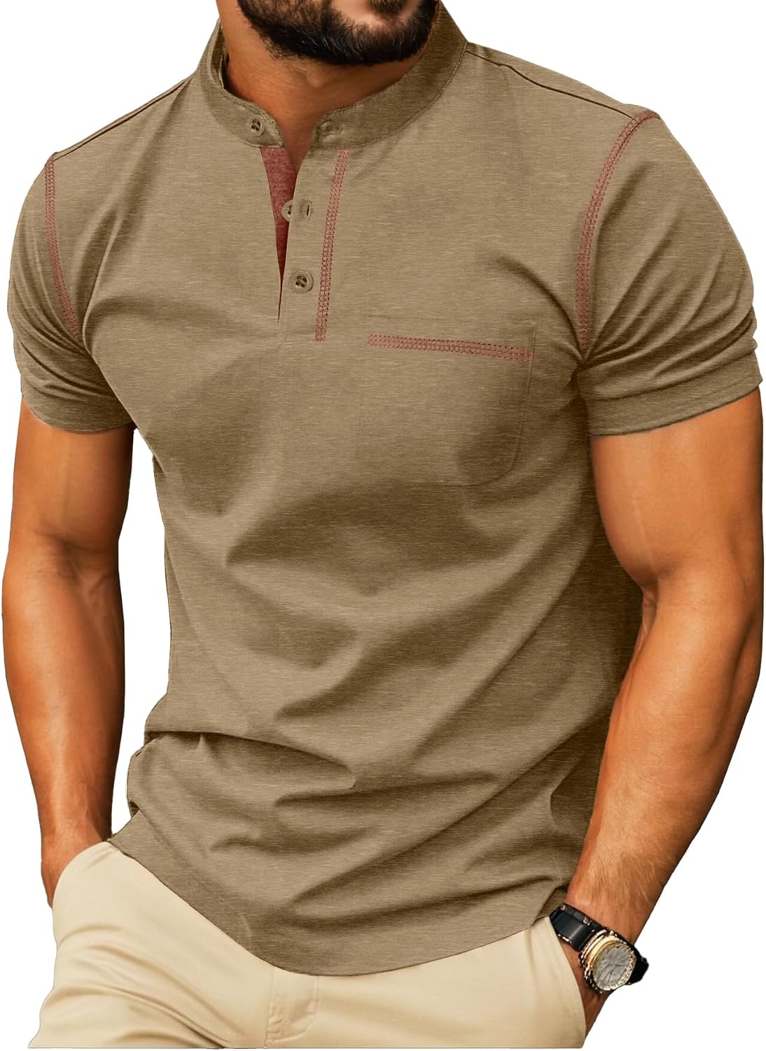 Mens Henley Shirts Short Sleeve Summer Casual Classic Cotton T Shirts Pocket Button Shirt