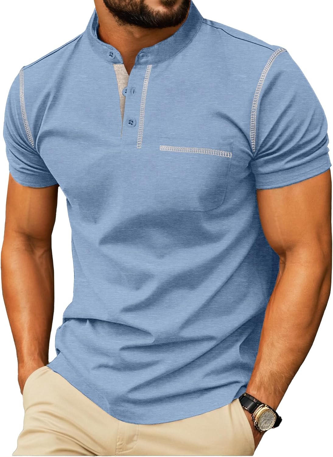 Mens Henley Shirts Short Sleeve Summer Casual Classic Cotton T Shirts Pocket Button Shirt