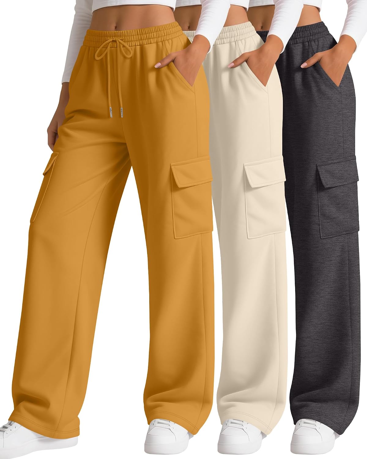 3 Pack Women's Cargo Sweatpants Wide Leg Baggy Loose Elastic Drawstring Pants Casual Athletic Joggers with 4 Pockets