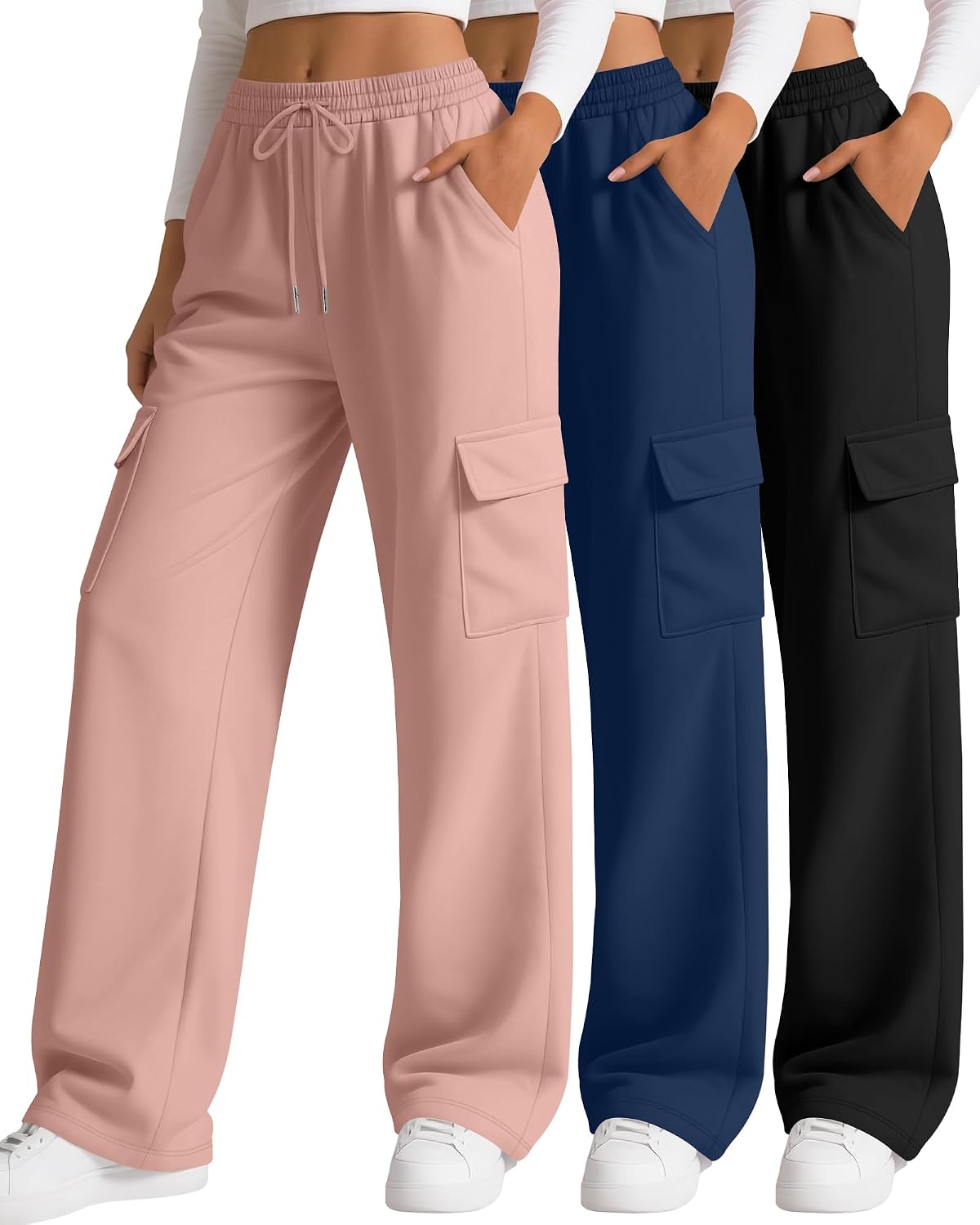 3 Pack Women's Cargo Sweatpants Wide Leg Baggy Loose Elastic Drawstring Pants Casual Athletic Joggers with 4 Pockets