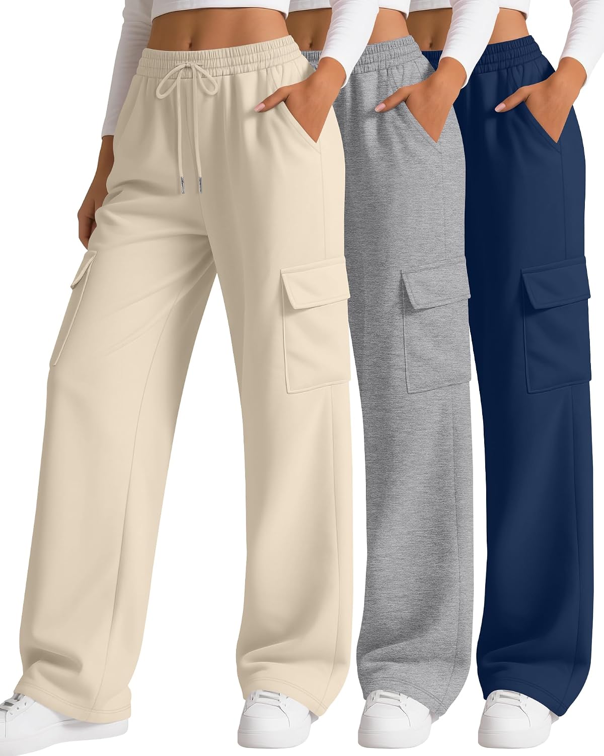 3 Pack Women's Cargo Sweatpants Wide Leg Baggy Loose Elastic Drawstring Pants Casual Athletic Joggers with 4 Pockets