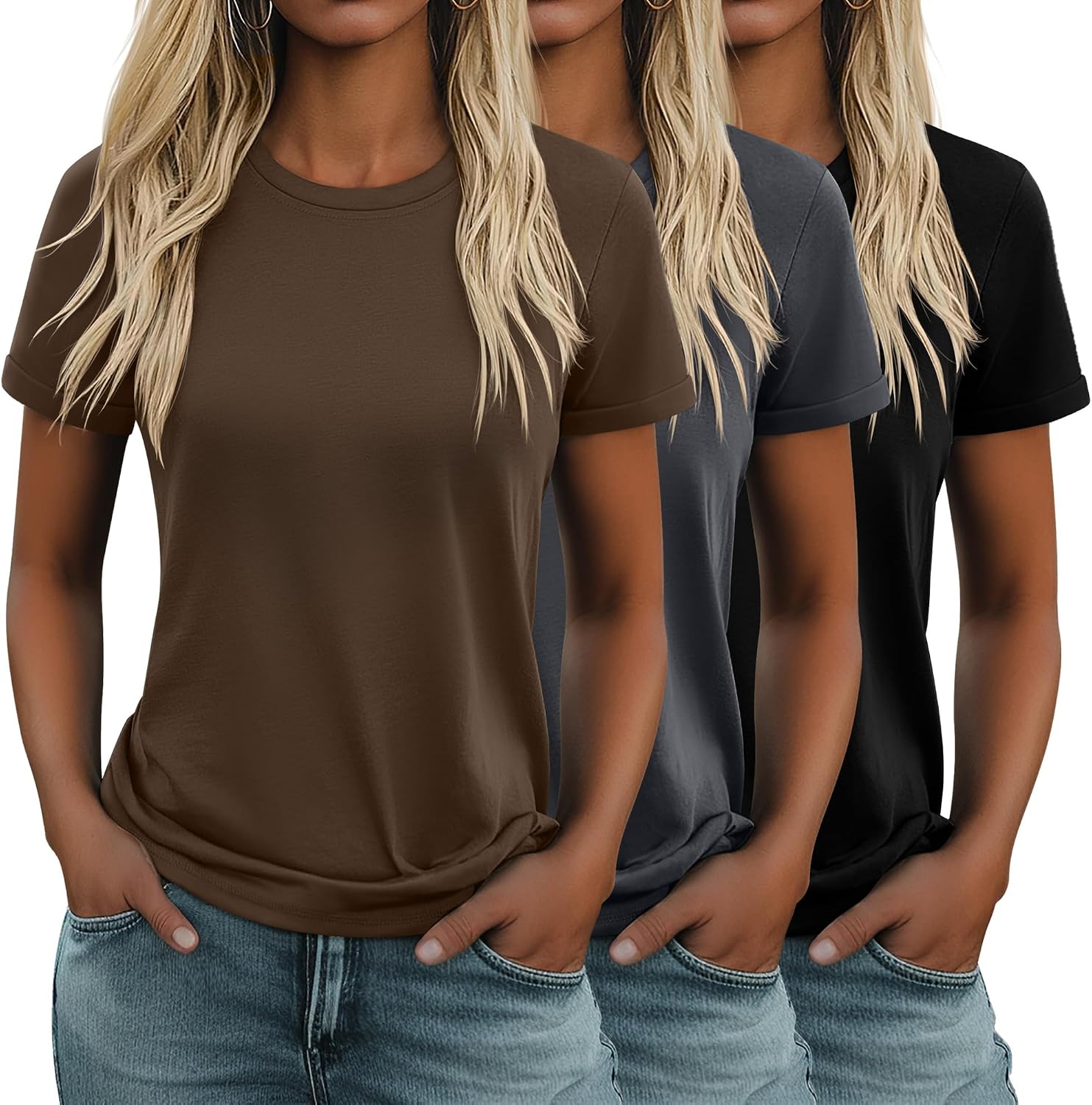 3 Pack Women's Cotton T Shirts Casual Short Sleeve Tunic Tops Crewneck Summer Loose Fit Plain Basic Tee