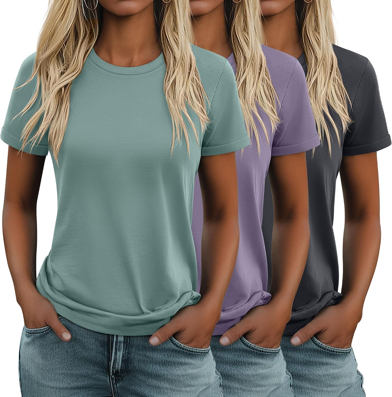 3 Pack Women's Cotton T Shirts Casual Short Sleeve Tunic Tops Crewneck Summer Loose Fit Plain Basic Tee