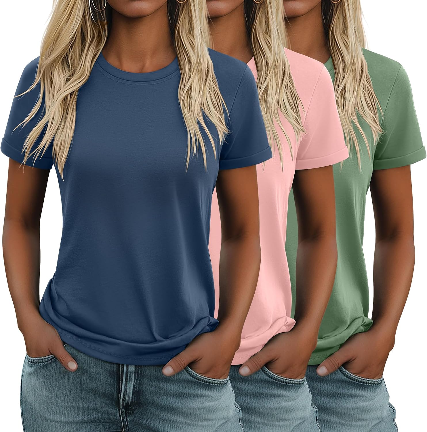 3 Pack Women's Cotton T Shirts Casual Short Sleeve Tunic Tops Crewneck Summer Loose Fit Plain Basic Tee