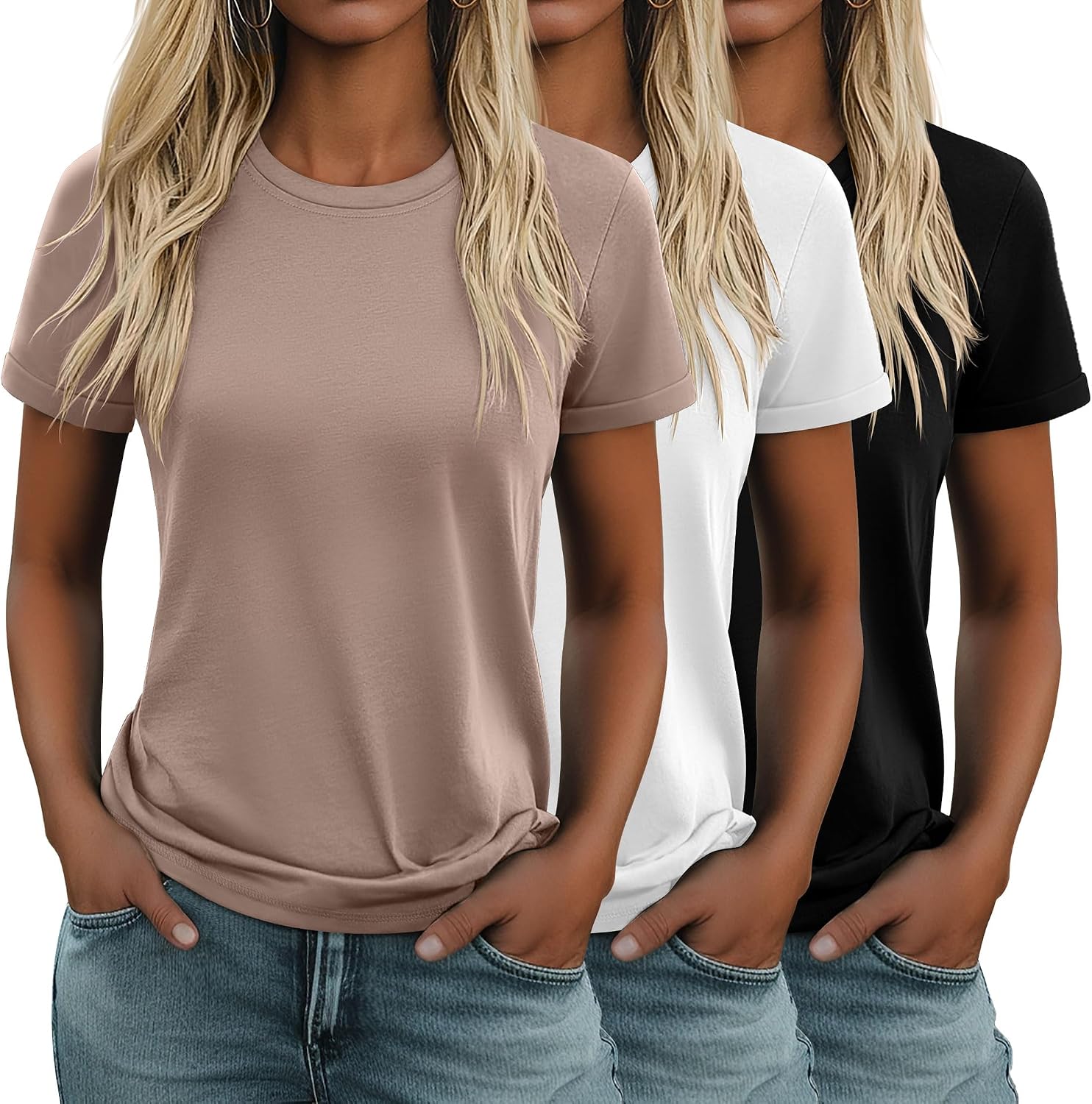 3 Pack Women's Cotton T Shirts Casual Short Sleeve Tunic Tops Crewneck Summer Loose Fit Plain Basic Tee