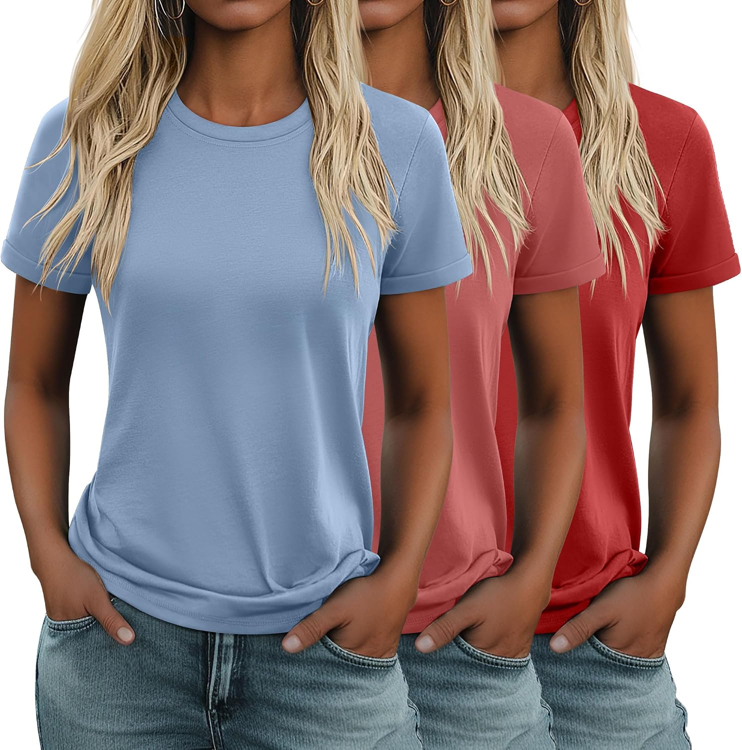 3 Pack Women's Cotton T Shirts Casual Short Sleeve Tunic Tops Crewneck Summer Loose Fit Plain Basic Tee