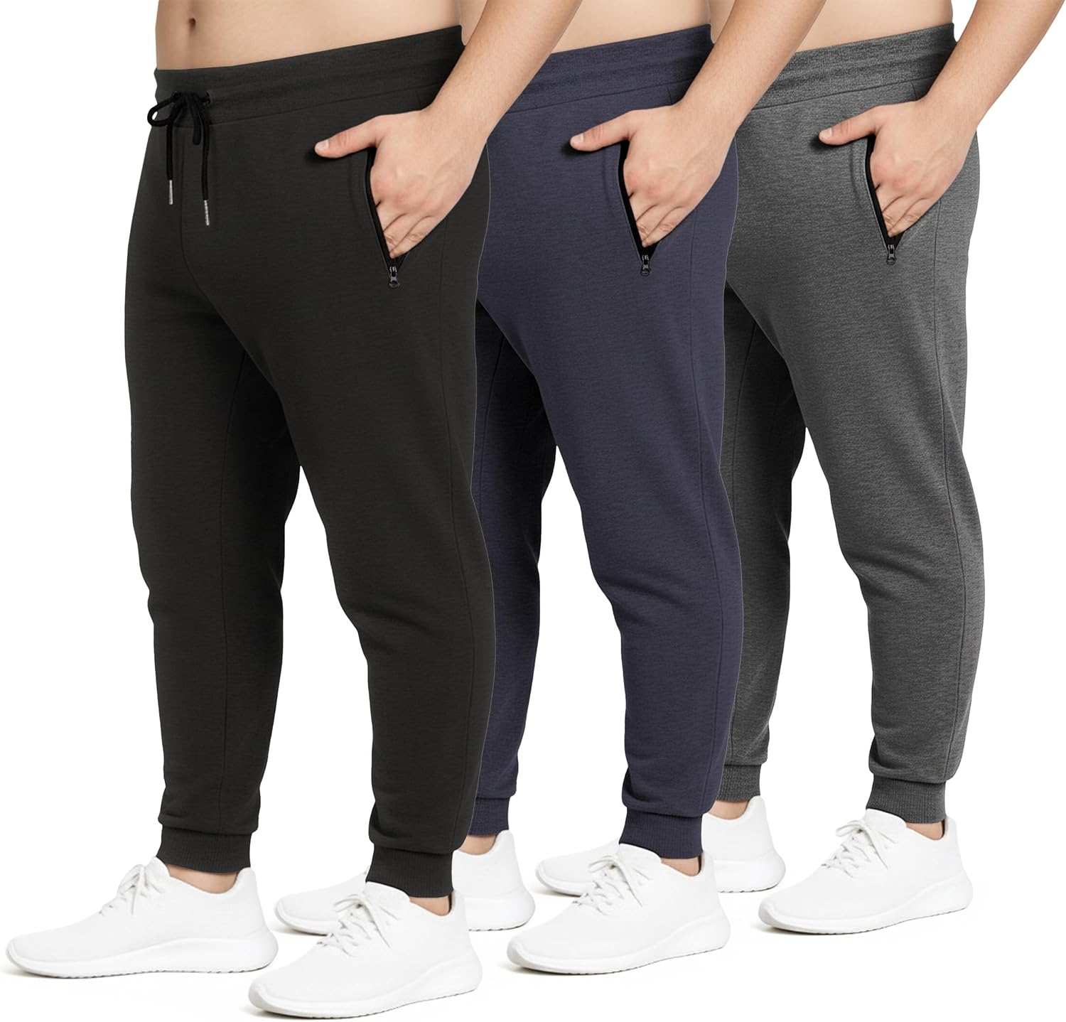  Mens Sweatpants 3 Pack Fleece Active Athletic Workout Jogger Sweatpants for Men with Zipper Pocket Size S-3XL