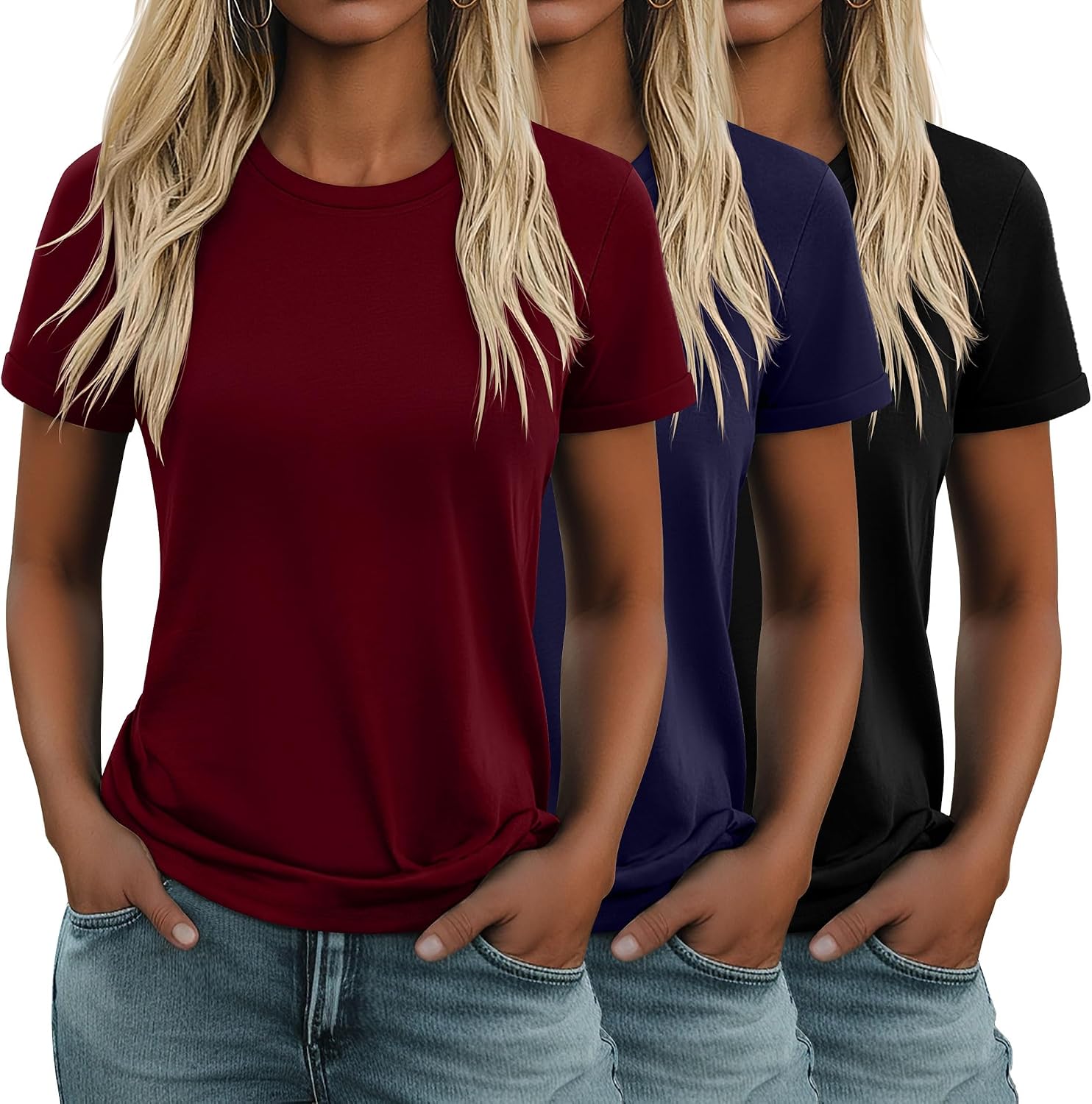 3 Pack Women's Cotton T Shirts Casual Short Sleeve Tunic Tops Crewneck Summer Loose Fit Plain Basic Tee
