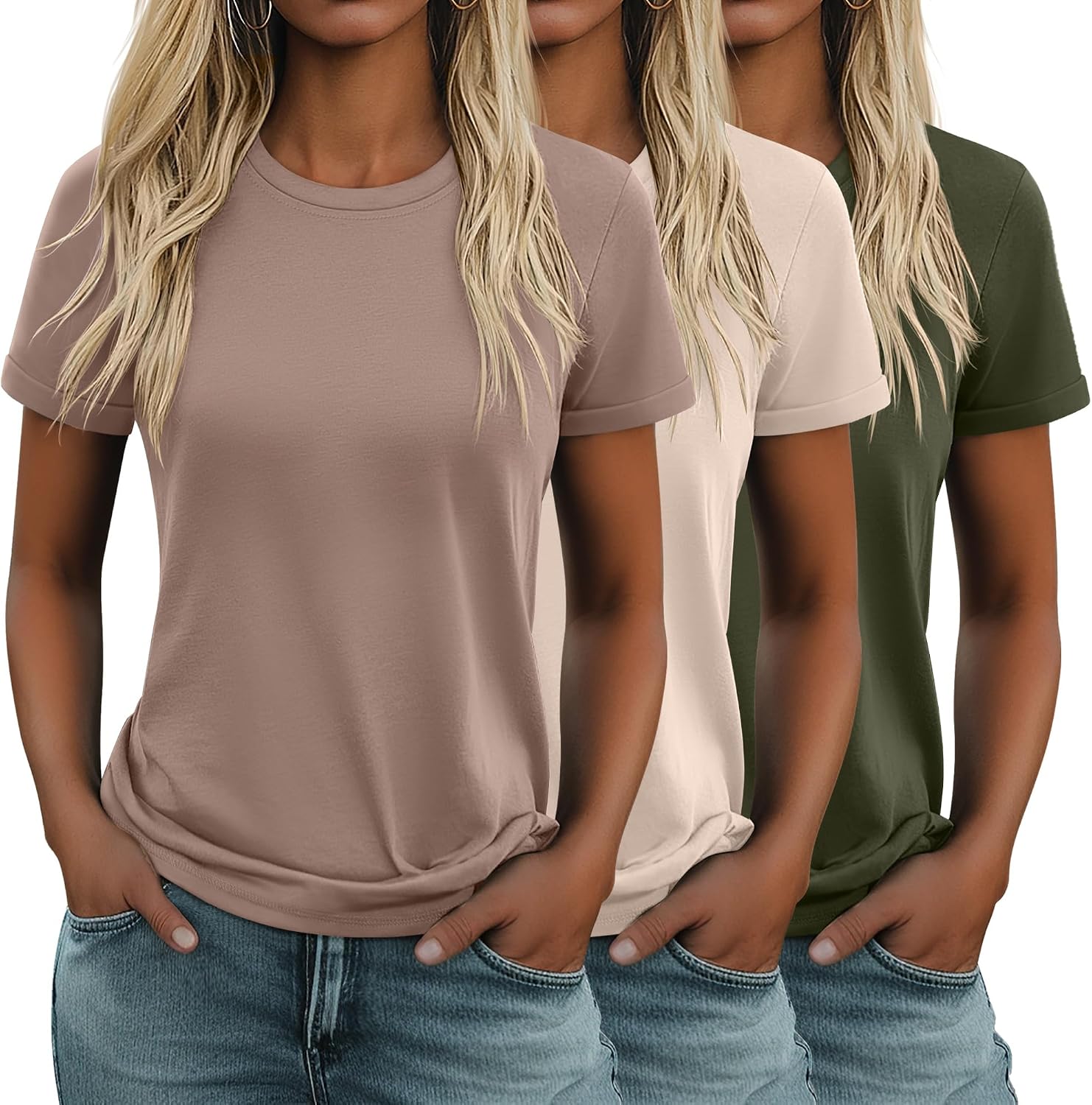 3 Pack Women's Cotton T Shirts Casual Short Sleeve Tunic Tops Crewneck Summer Loose Fit Plain Basic Tee