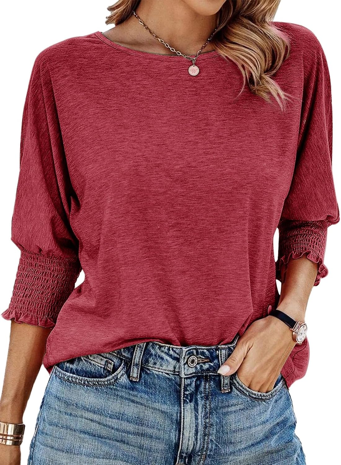 Women's 2026 Fashion Tops 3/4 Sleeve T-Shirts Cute Crewneck Basic Business Tees Blouses