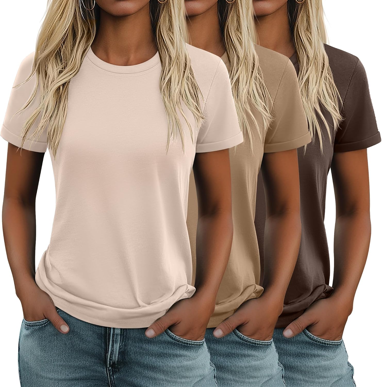 3 Pack Women's Cotton T Shirts Casual Short Sleeve Tunic Tops Crewneck Summer Loose Fit Plain Basic Tee