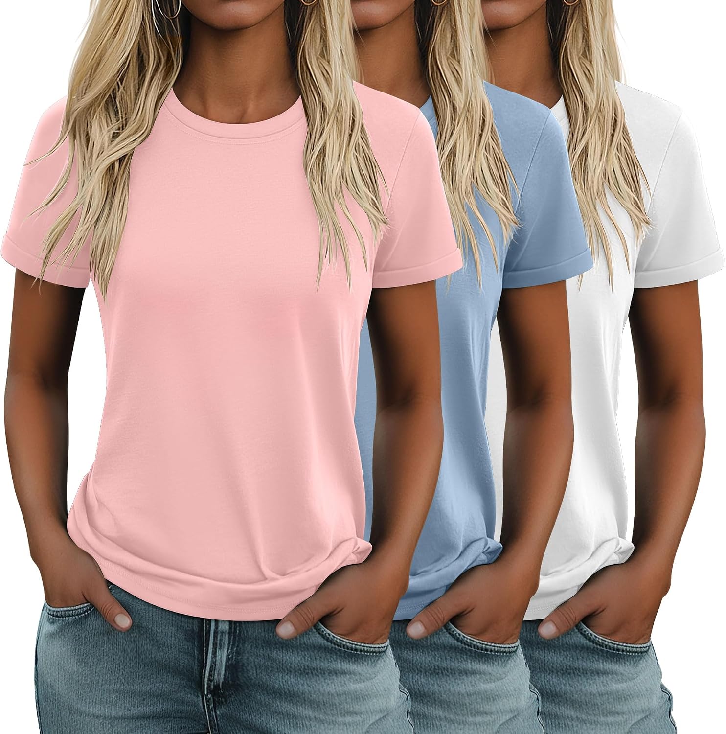 3 Pack Women's Cotton T Shirts Casual Short Sleeve Tunic Tops Crewneck Summer Loose Fit Plain Basic Tee