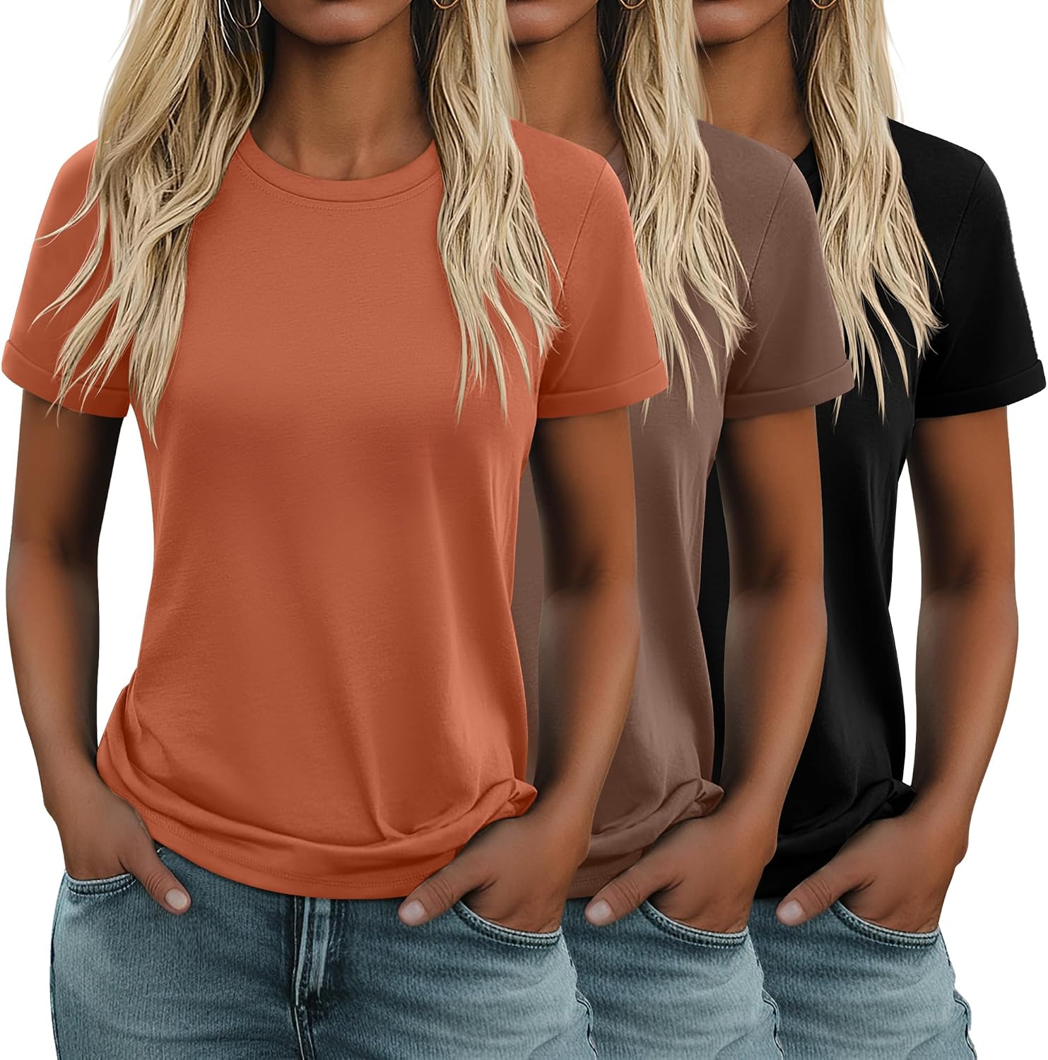 3 Pack Women's Cotton T Shirts Casual Short Sleeve Tunic Tops Crewneck Summer Loose Fit Plain Basic Tee