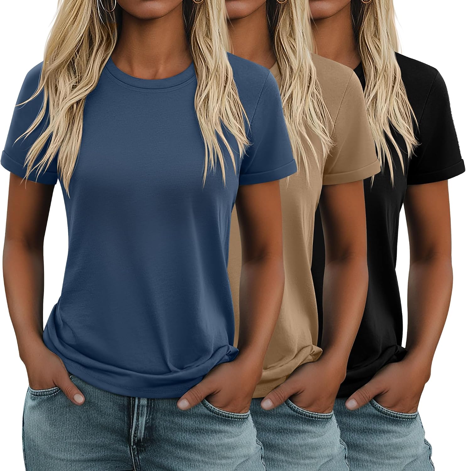 3 Pack Women's Cotton T Shirts Casual Short Sleeve Tunic Tops Crewneck Summer Loose Fit Plain Basic Tee