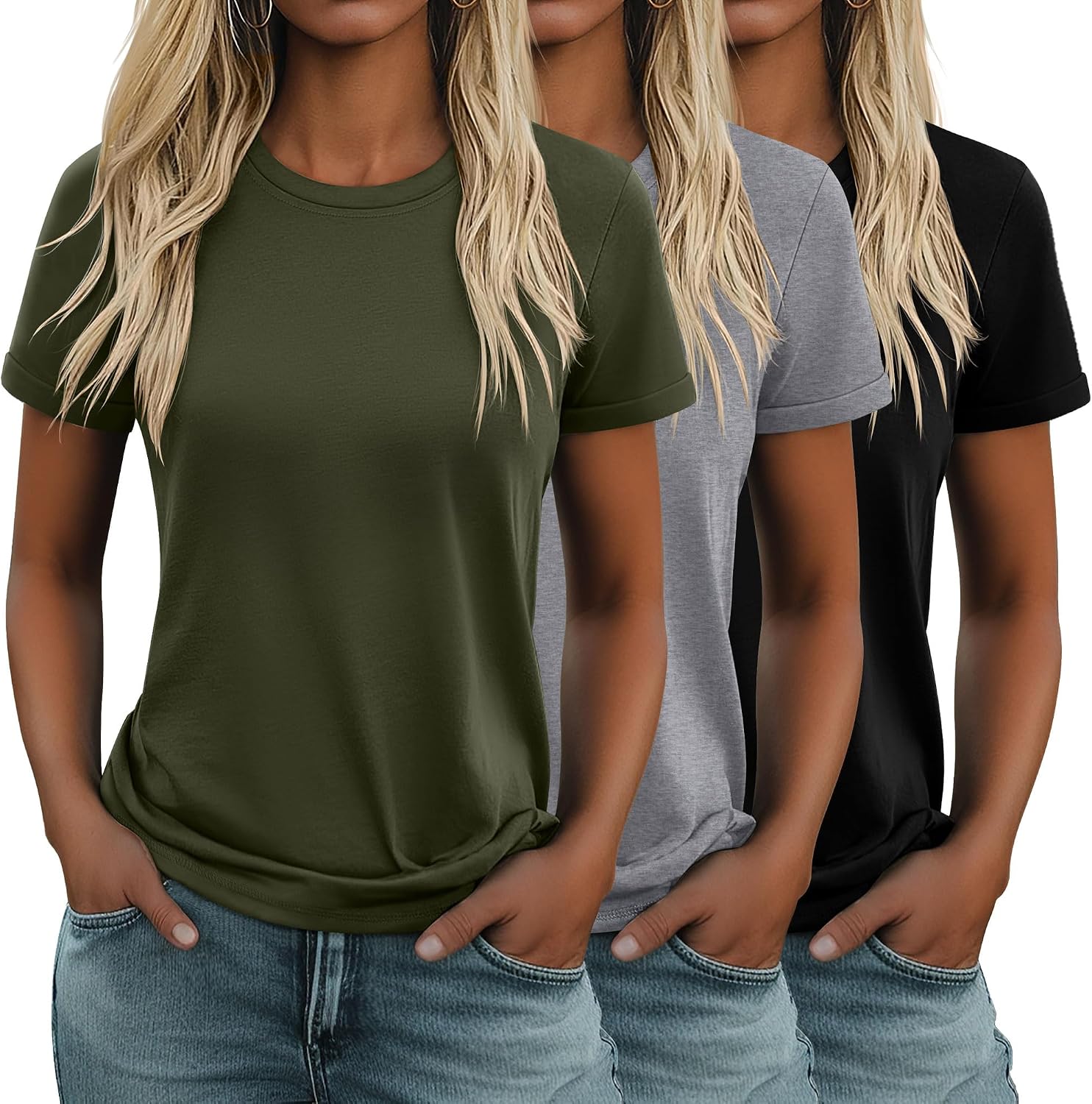 3 Pack Women's Cotton T Shirts Casual Short Sleeve Tunic Tops Crewneck Summer Loose Fit Plain Basic Tee