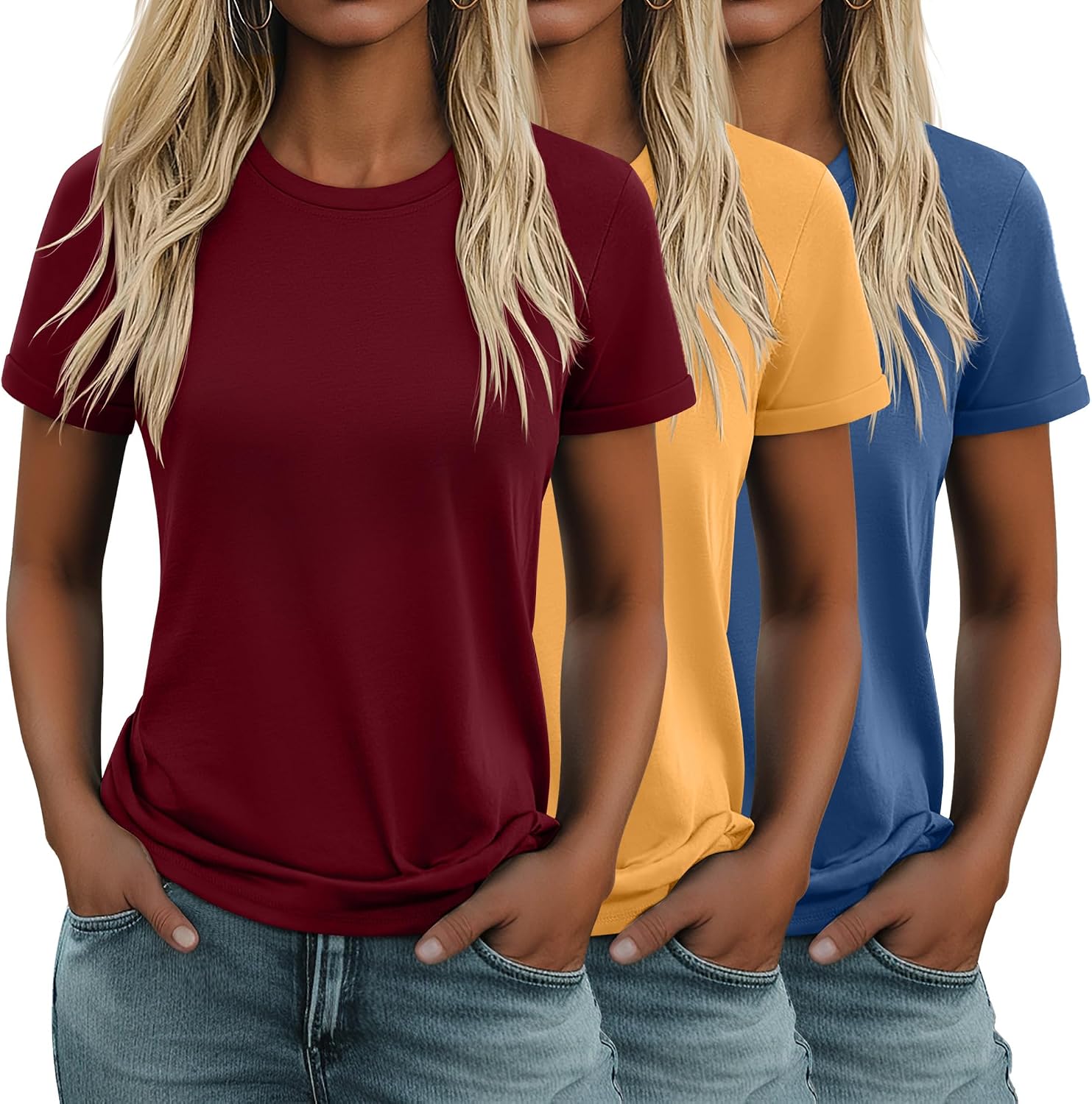 3 Pack Women's Cotton T Shirts Casual Short Sleeve Tunic Tops Crewneck Summer Loose Fit Plain Basic Tee