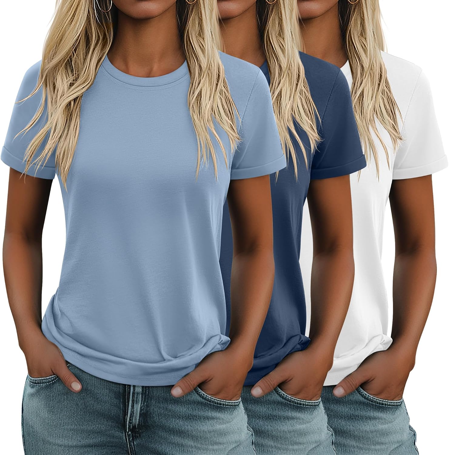 3 Pack Women's Cotton T Shirts Casual Short Sleeve Tunic Tops Crewneck Summer Loose Fit Plain Basic Tee