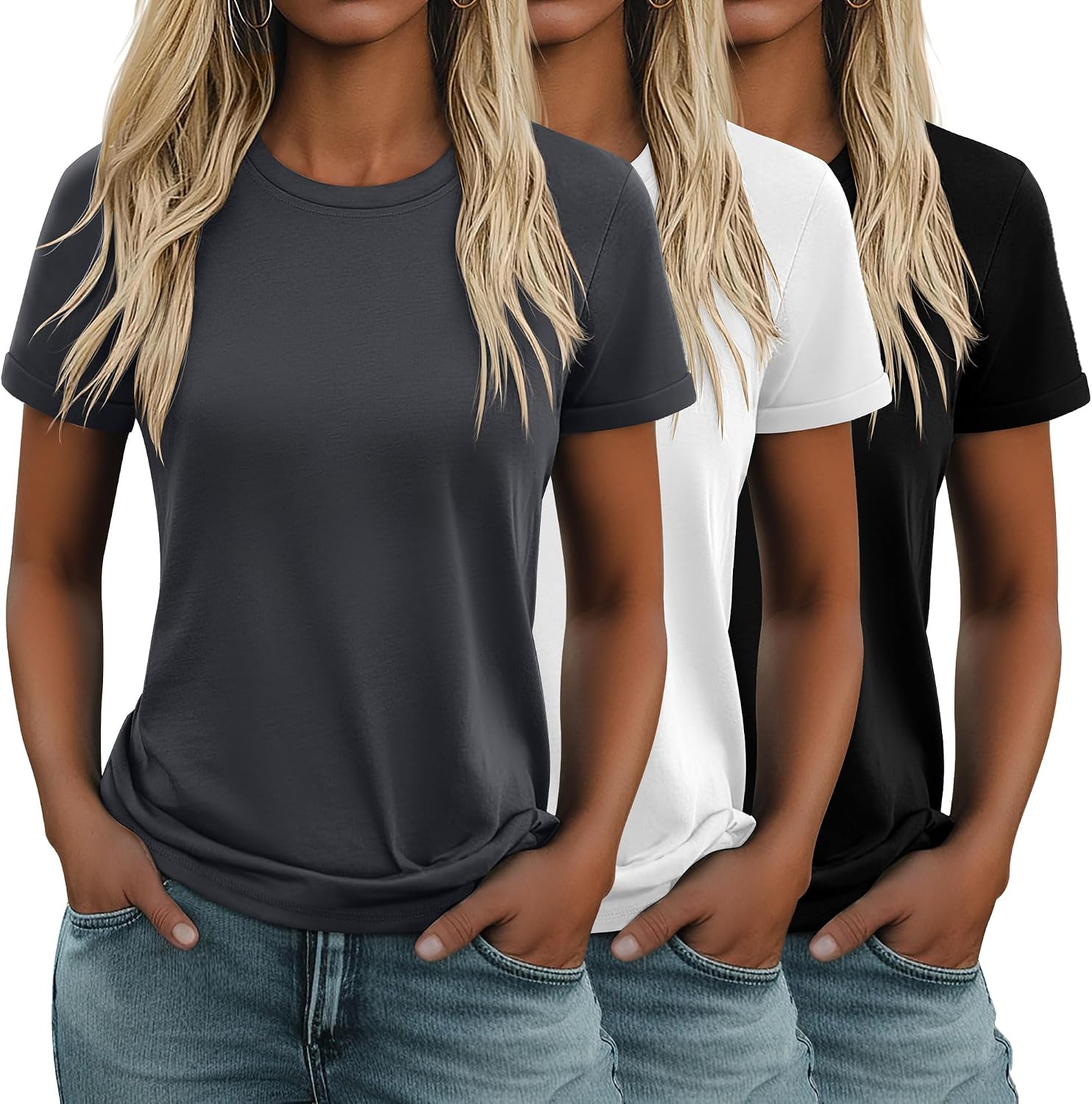 3 Pack Women's Cotton T Shirts Casual Short Sleeve Tunic Tops Crewneck Summer Loose Fit Plain Basic Tee