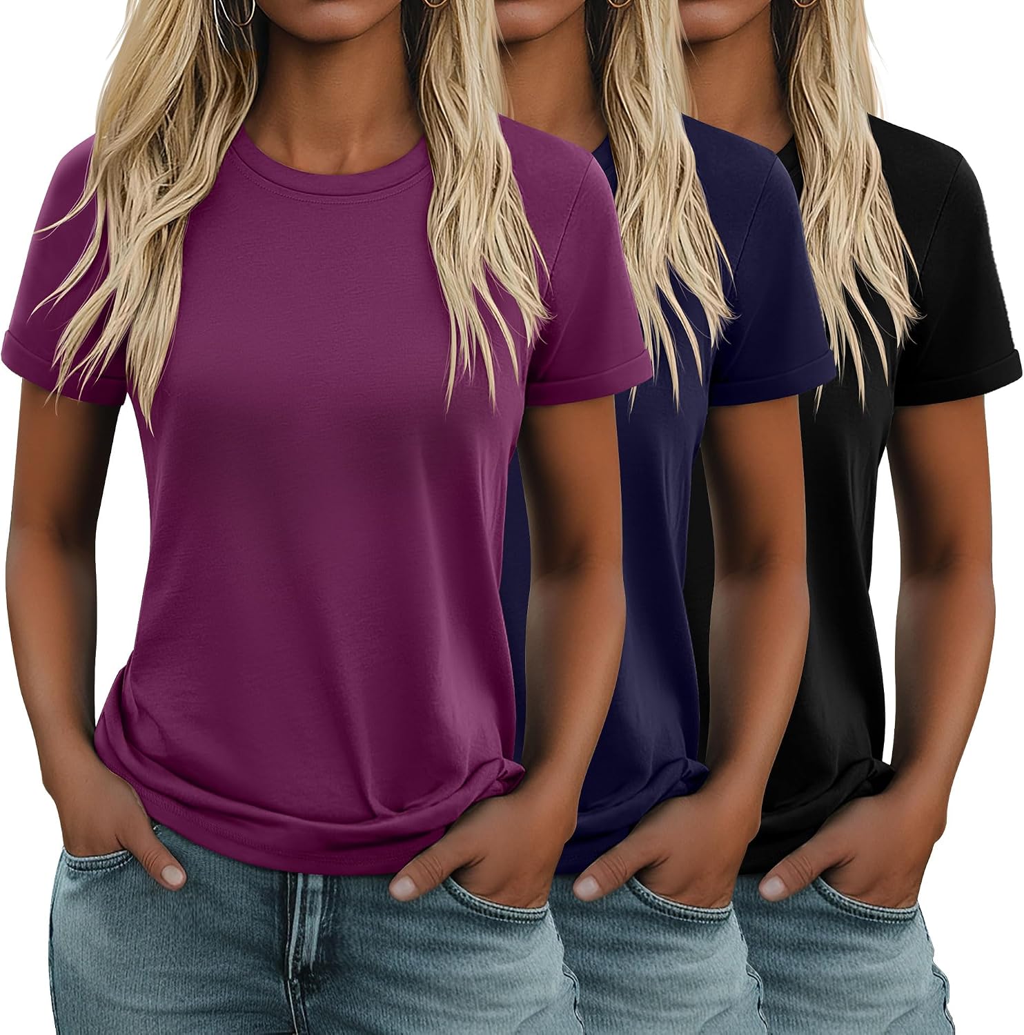 3 Pack Women's Cotton T Shirts Casual Short Sleeve Tunic Tops Crewneck Summer Loose Fit Plain Basic Tee