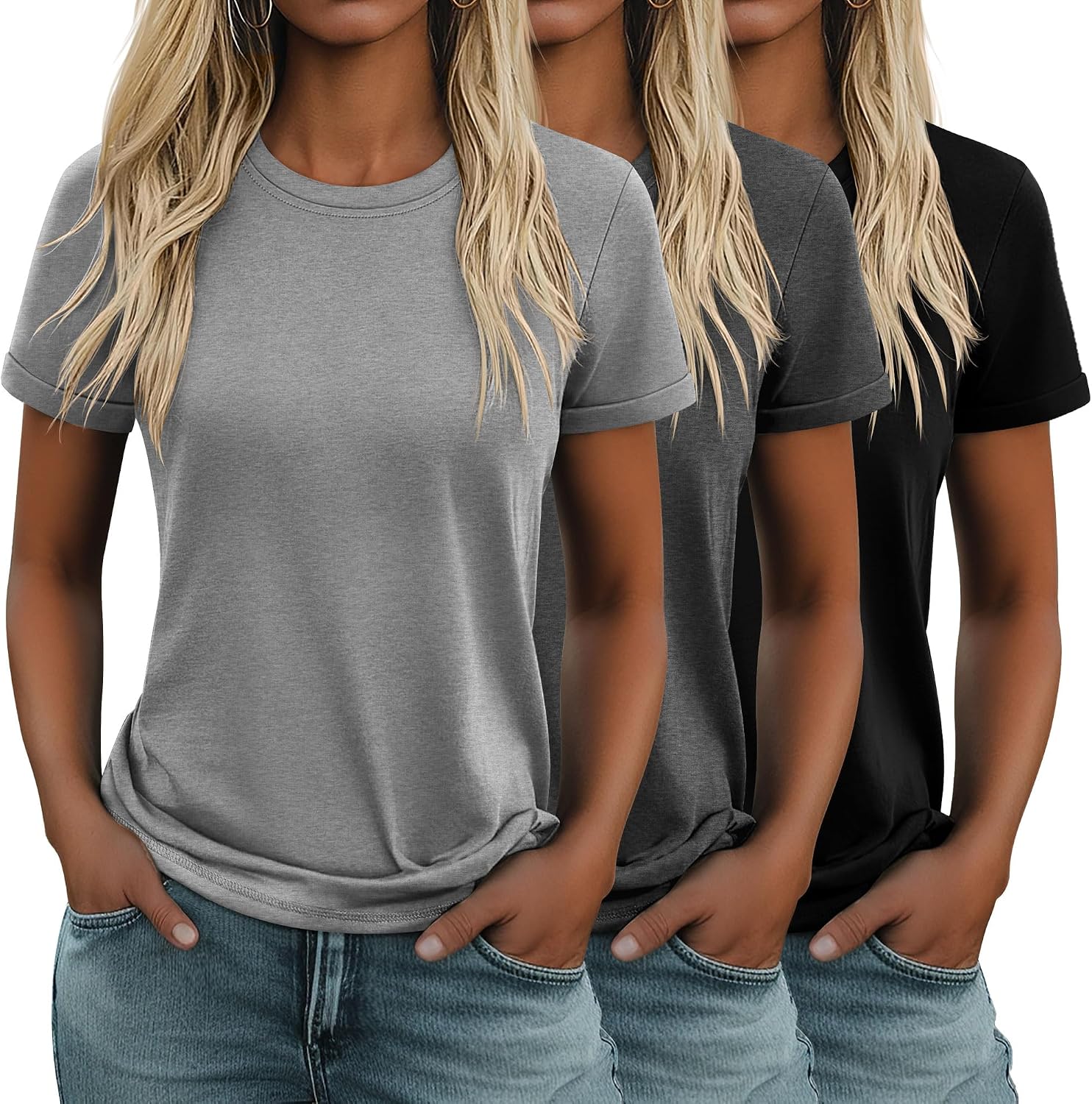 3 Pack Women's Cotton T Shirts Casual Short Sleeve Tunic Tops Crewneck Summer Loose Fit Plain Basic Tee
