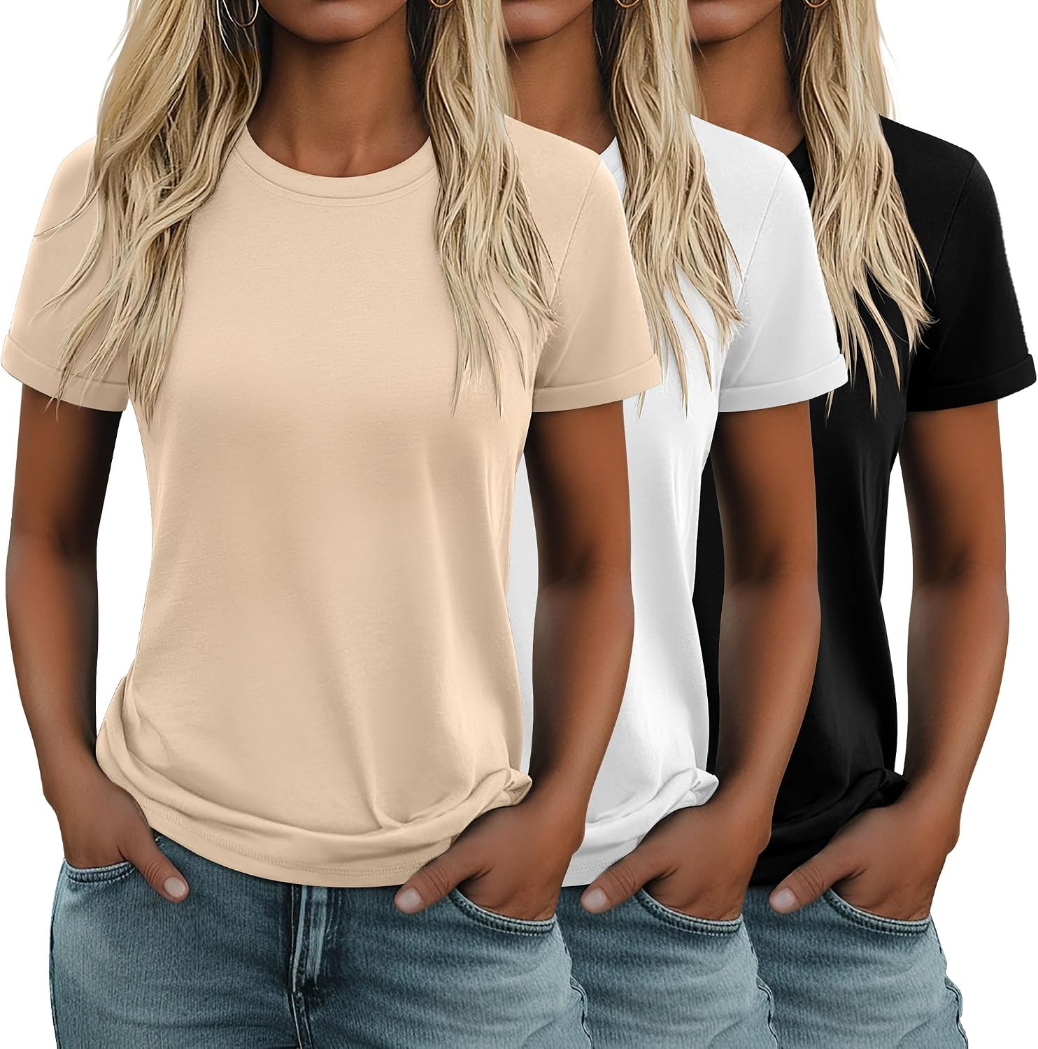 3 Pack Women's Cotton T Shirts Casual Short Sleeve Tunic Tops Crewneck Summer Loose Fit Plain Basic Tee