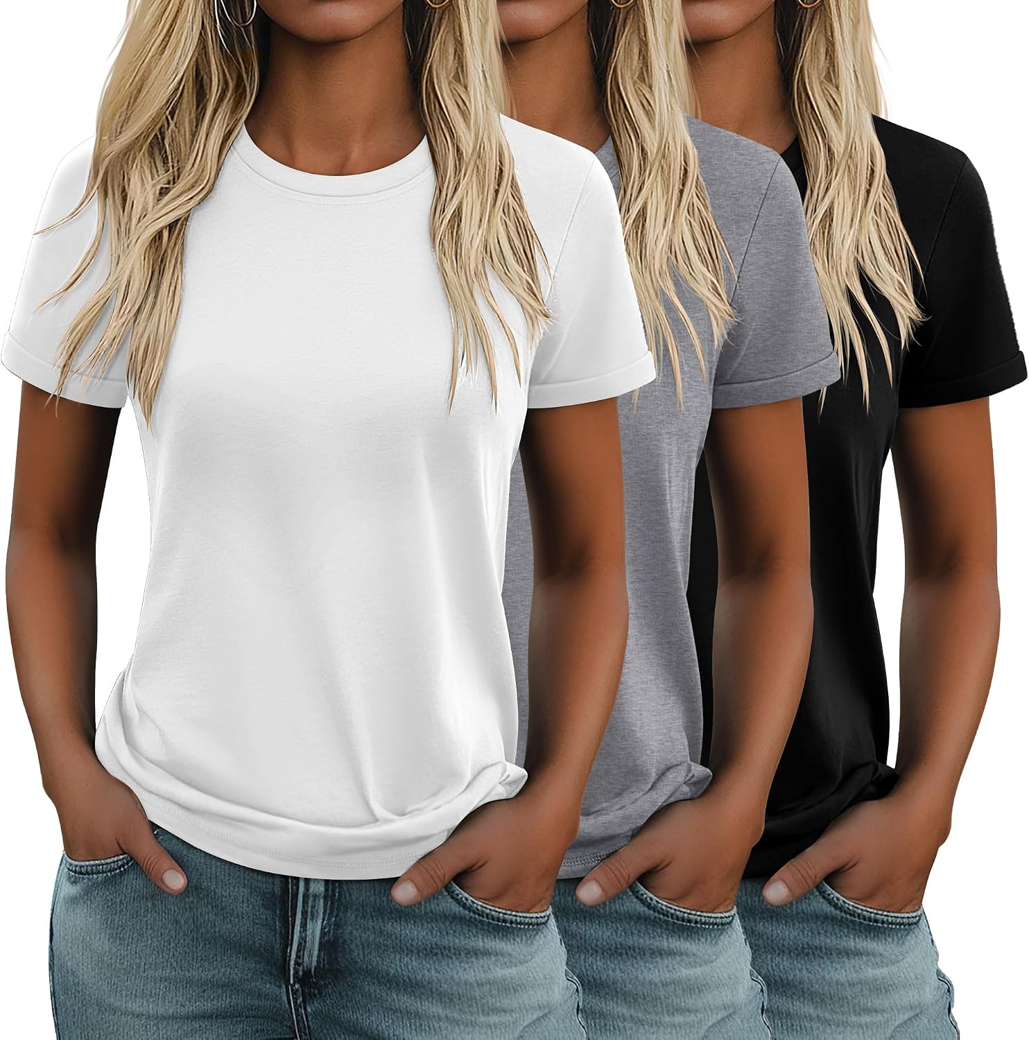 3 Pack Women's Cotton T Shirts Casual Short Sleeve Tunic Tops Crewneck Summer Loose Fit Plain Basic Tee
