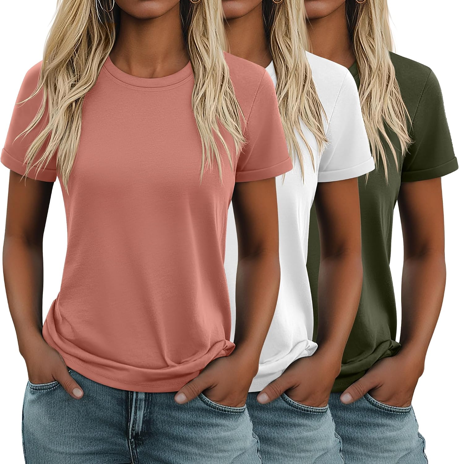 3 Pack Women's Cotton T Shirts Casual Short Sleeve Tunic Tops Crewneck Summer Loose Fit Plain Basic Tee