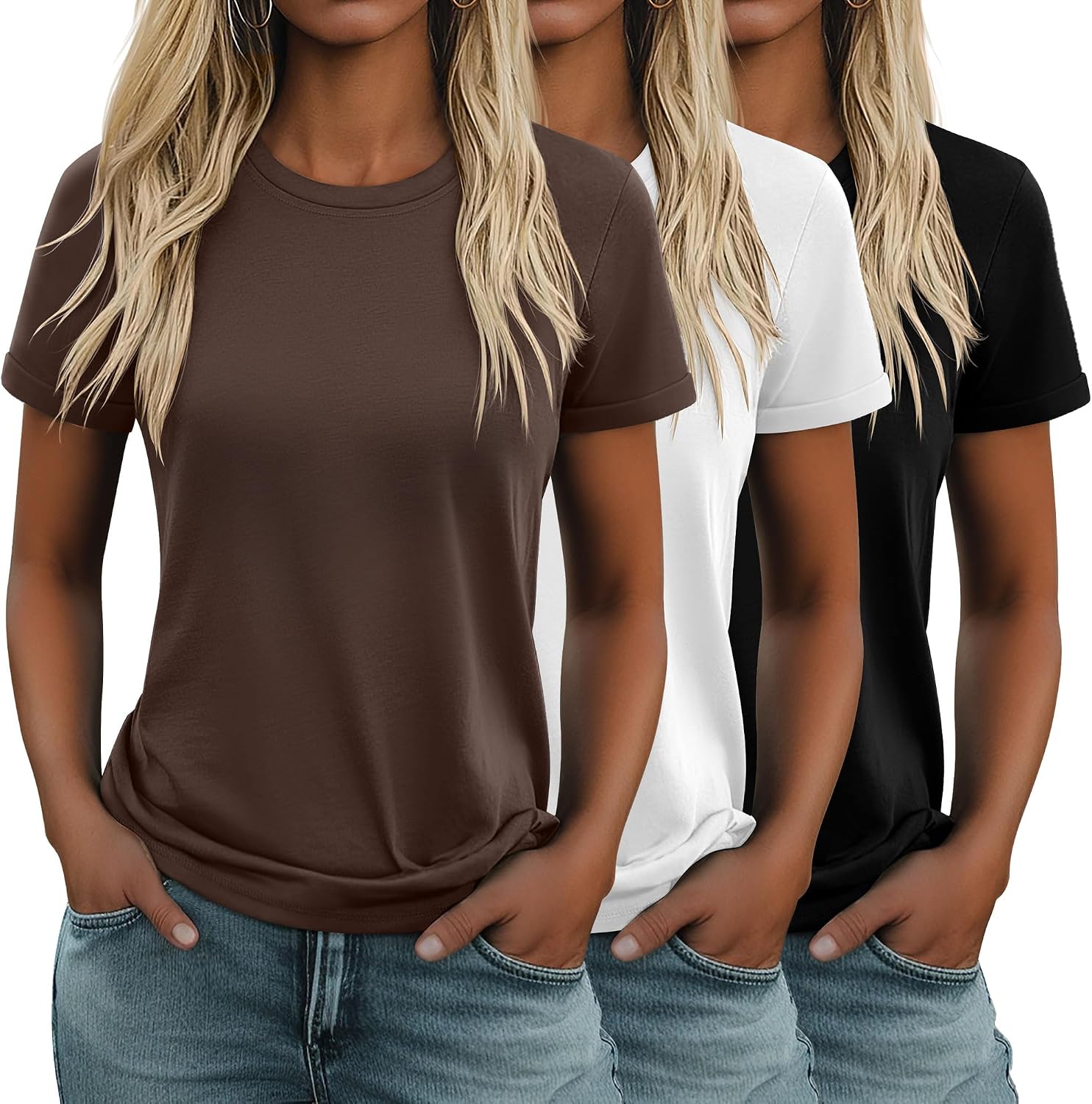 3 Pack Women's Cotton T Shirts Casual Short Sleeve Tunic Tops Crewneck Summer Loose Fit Plain Basic Tee