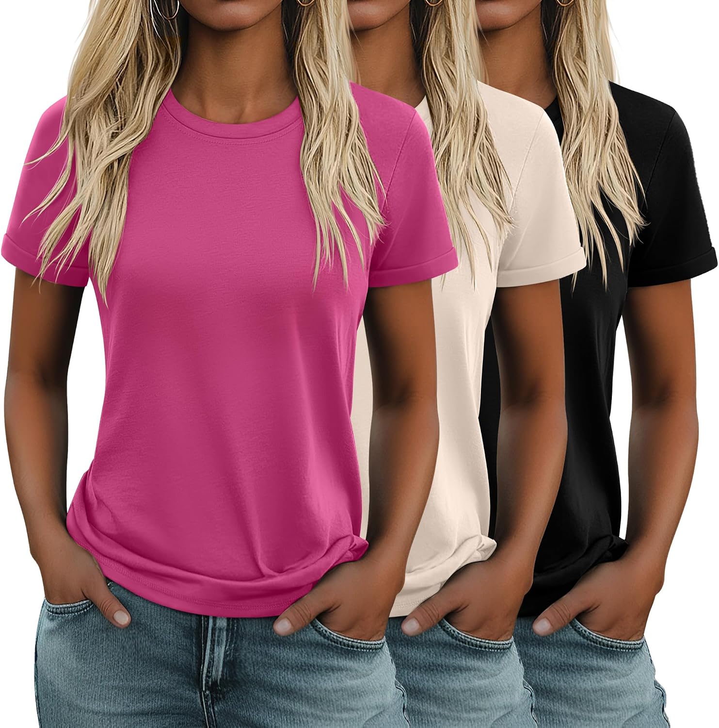 3 Pack Women's Cotton T Shirts Casual Short Sleeve Tunic Tops Crewneck Summer Loose Fit Plain Basic Tee