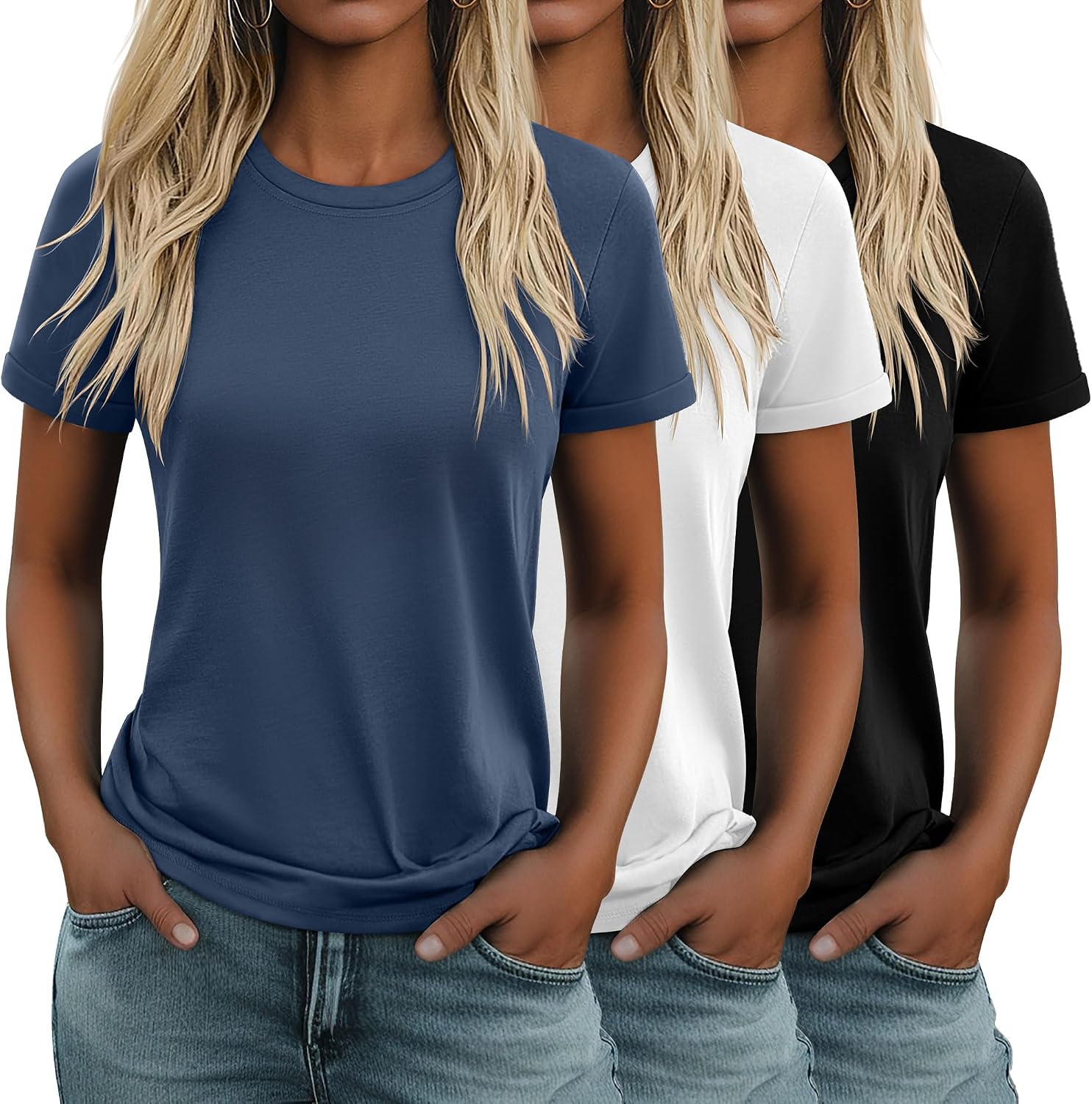 3 Pack Women's Cotton T Shirts Casual Short Sleeve Tunic Tops Crewneck Summer Loose Fit Plain Basic Tee