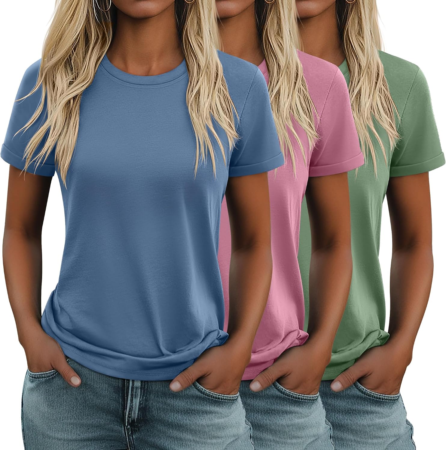 3 Pack Women's Cotton T Shirts Casual Short Sleeve Tunic Tops Crewneck Summer Loose Fit Plain Basic Tee