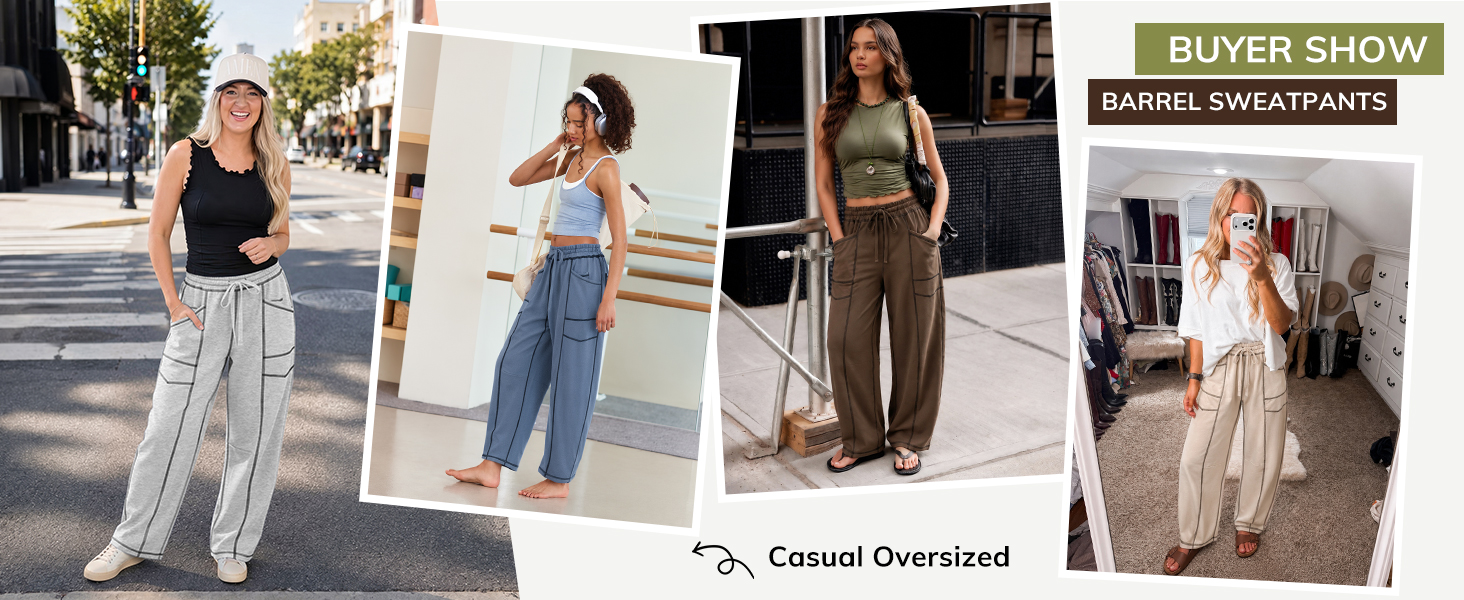Womens Baggy Barrel Sweatpants Wide Leg Drawstring Lounge Sweat Pants