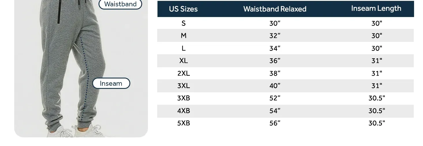 Pure Champ, Mens Fleece Joggers Sizing Chart