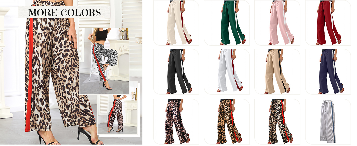 Women&amp;#39;s Casual Pants Drawstring Leopard Print Color Block Side Striped wide Leg Pants