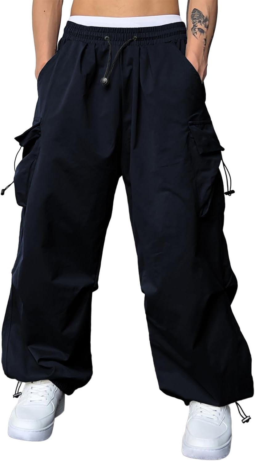 Men's Baggy Cargo Pants Trendy Casual Parachute Pant Loose Fit Harem Joggers with Pockets for Streetwear