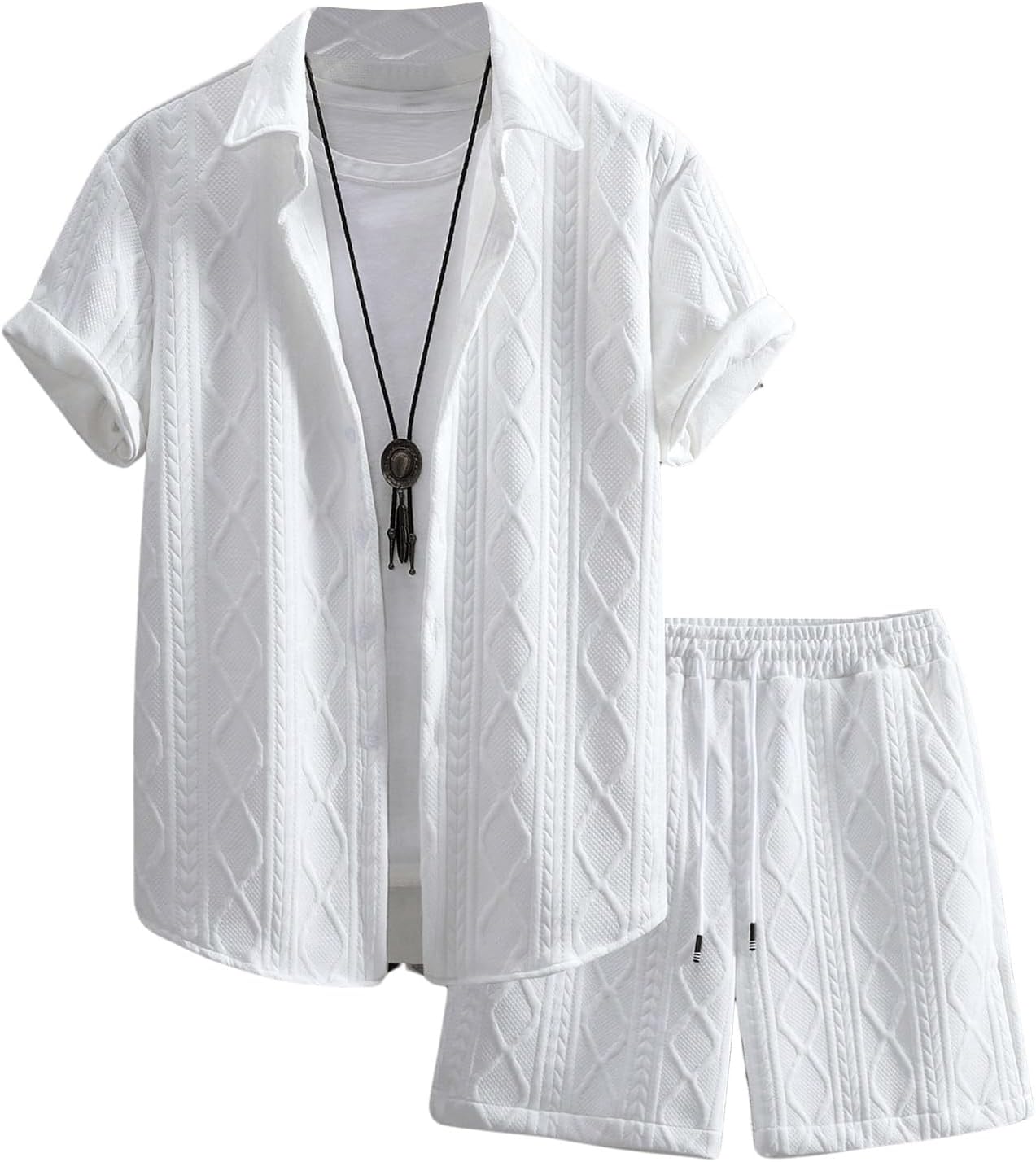 Men's 2 Piece Outfits Waffle Knit Button Down Shirt Top and Shorts Set