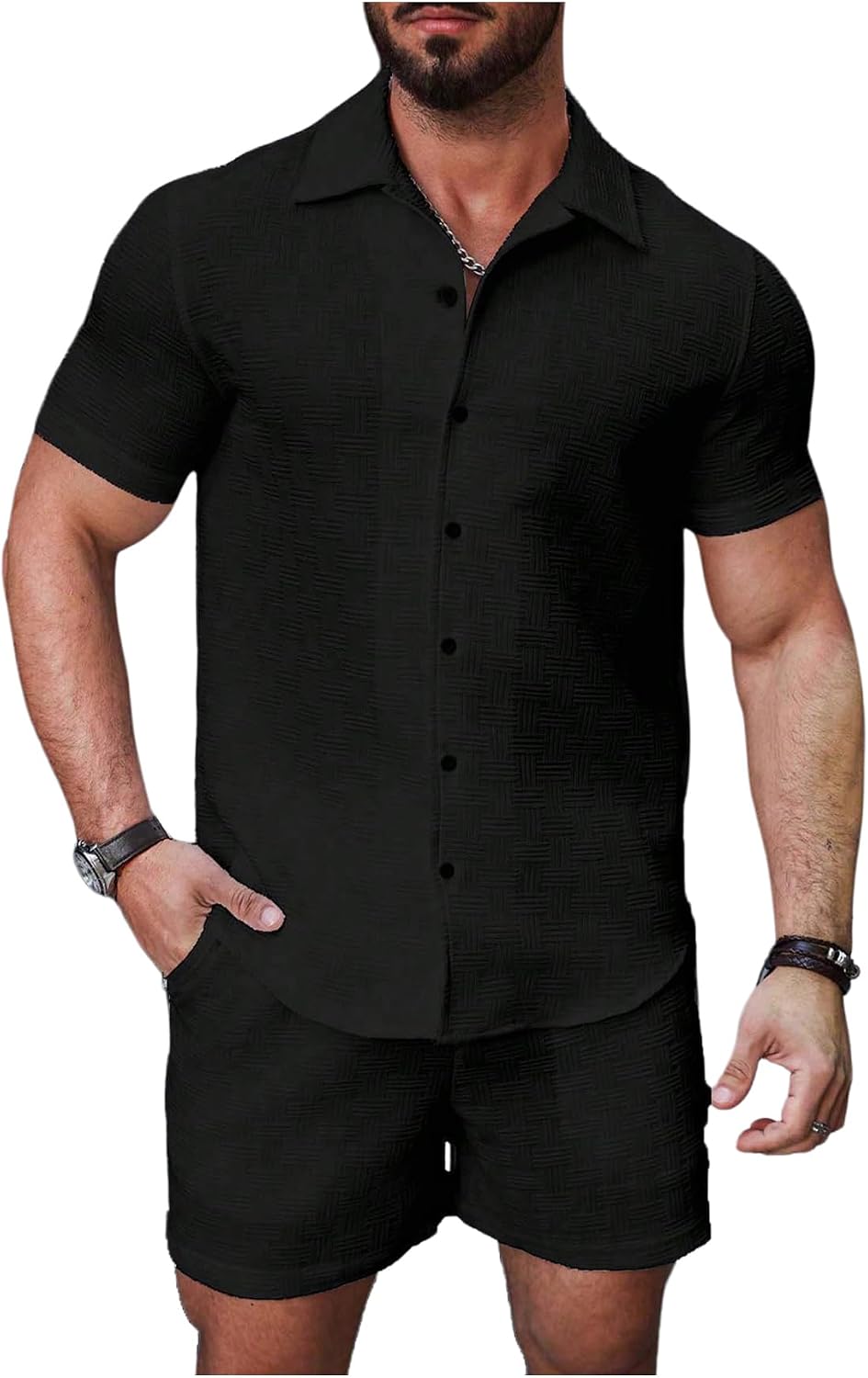 Men's 2 Piece Outfits Waffle Knit Button Down Shirt Top and Shorts Set