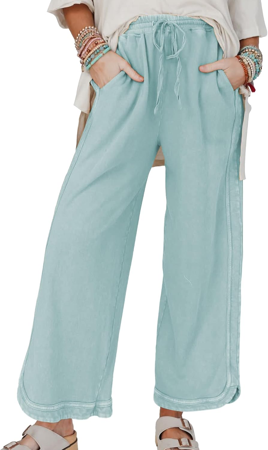 Women's Casual Wide Leg Sweatpants High Waist Baggy Acid Wash Pants Drawstring Athletic Palazzo Pants with Pockets