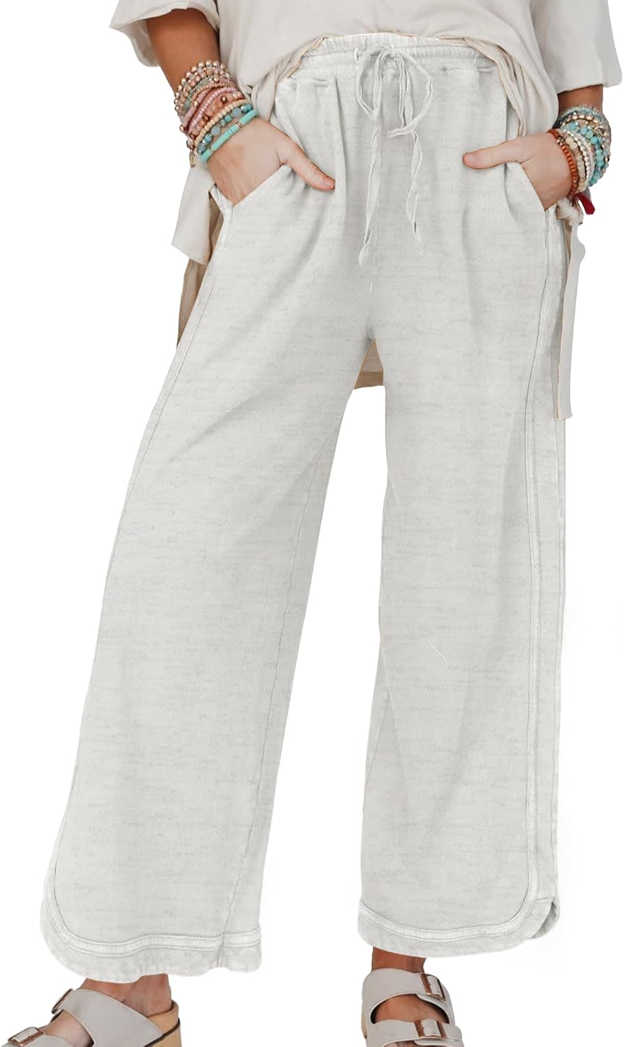 Women's Casual Wide Leg Sweatpants High Waist Baggy Acid Wash Pants Drawstring Athletic Palazzo Pants with Pockets