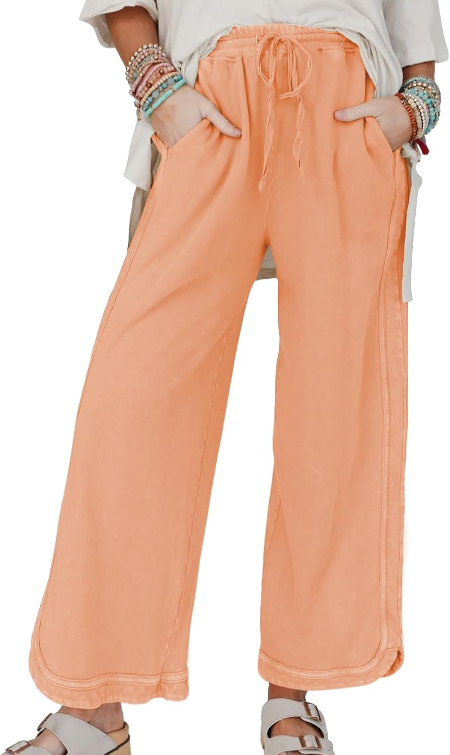 Women's Casual Wide Leg Sweatpants High Waist Baggy Acid Wash Pants Drawstring Athletic Palazzo Pants with Pockets