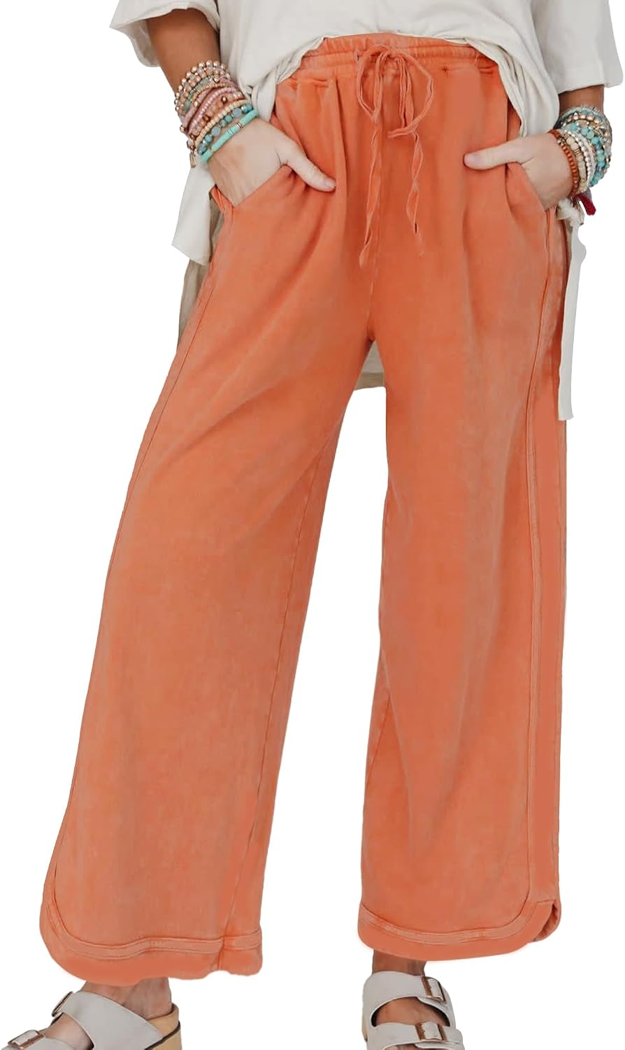 Women's Casual Wide Leg Sweatpants High Waist Baggy Acid Wash Pants Drawstring Athletic Palazzo Pants with Pockets