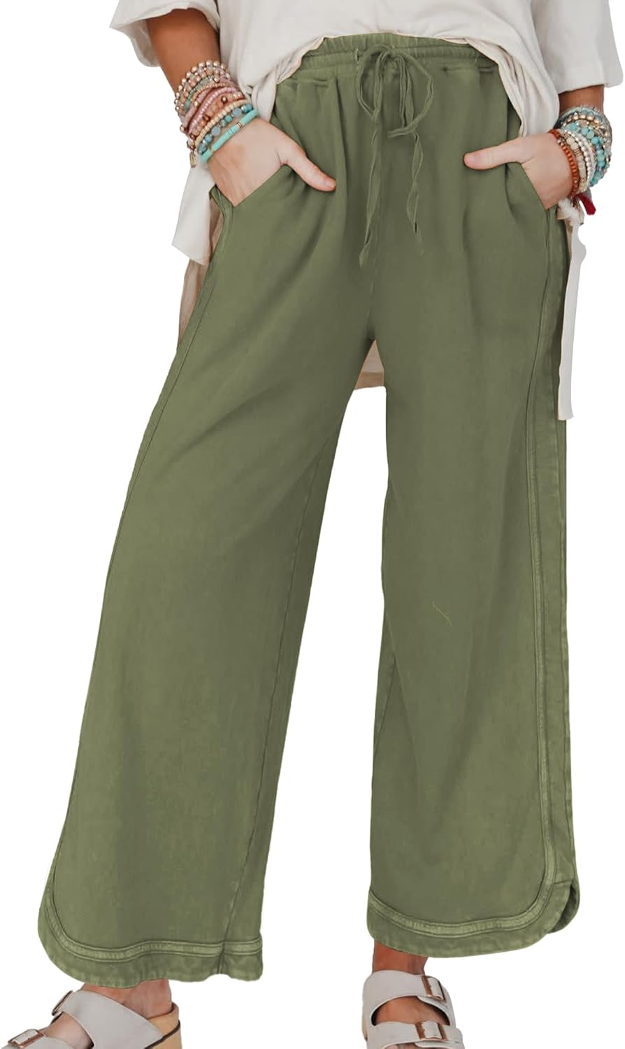 Women's Casual Wide Leg Sweatpants High Waist Baggy Acid Wash Pants Drawstring Athletic Palazzo Pants with Pockets