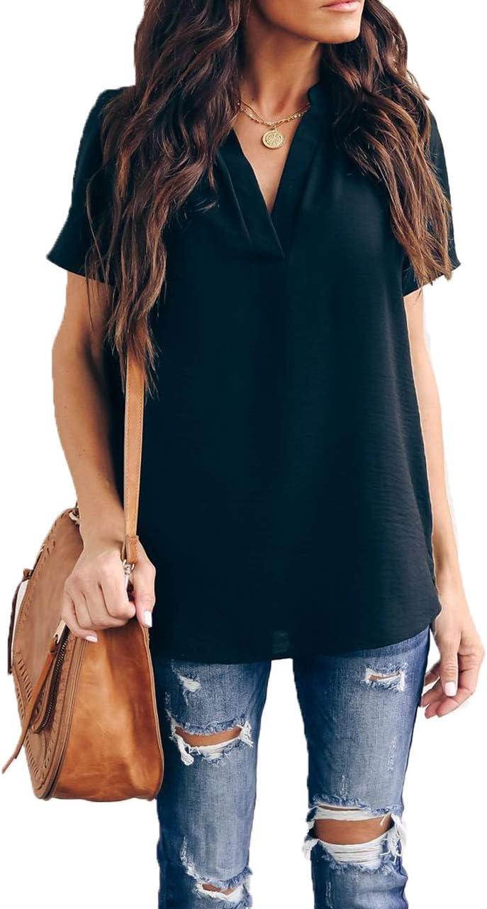 Women Summer Casual Split V Neckline Chiffon Blouses Loose Tunic Short Sleeve Tops