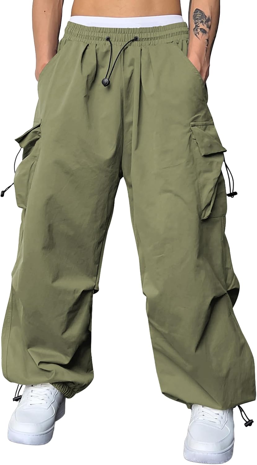 Men's Baggy Cargo Pants Trendy Casual Parachute Pant Loose Fit Harem Joggers with Pockets for Streetwear