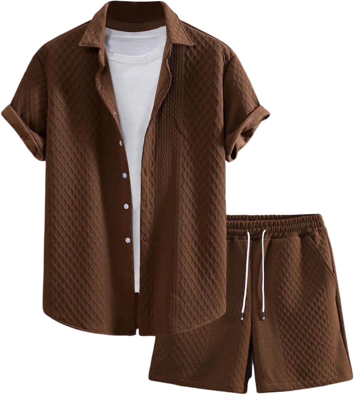 Men's 2 Piece Outfits Waffle Knit Button Down Shirt Top and Shorts Set